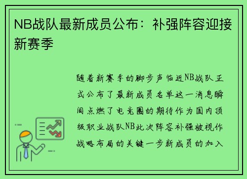 NB战队最新成员公布：补强阵容迎接新赛季